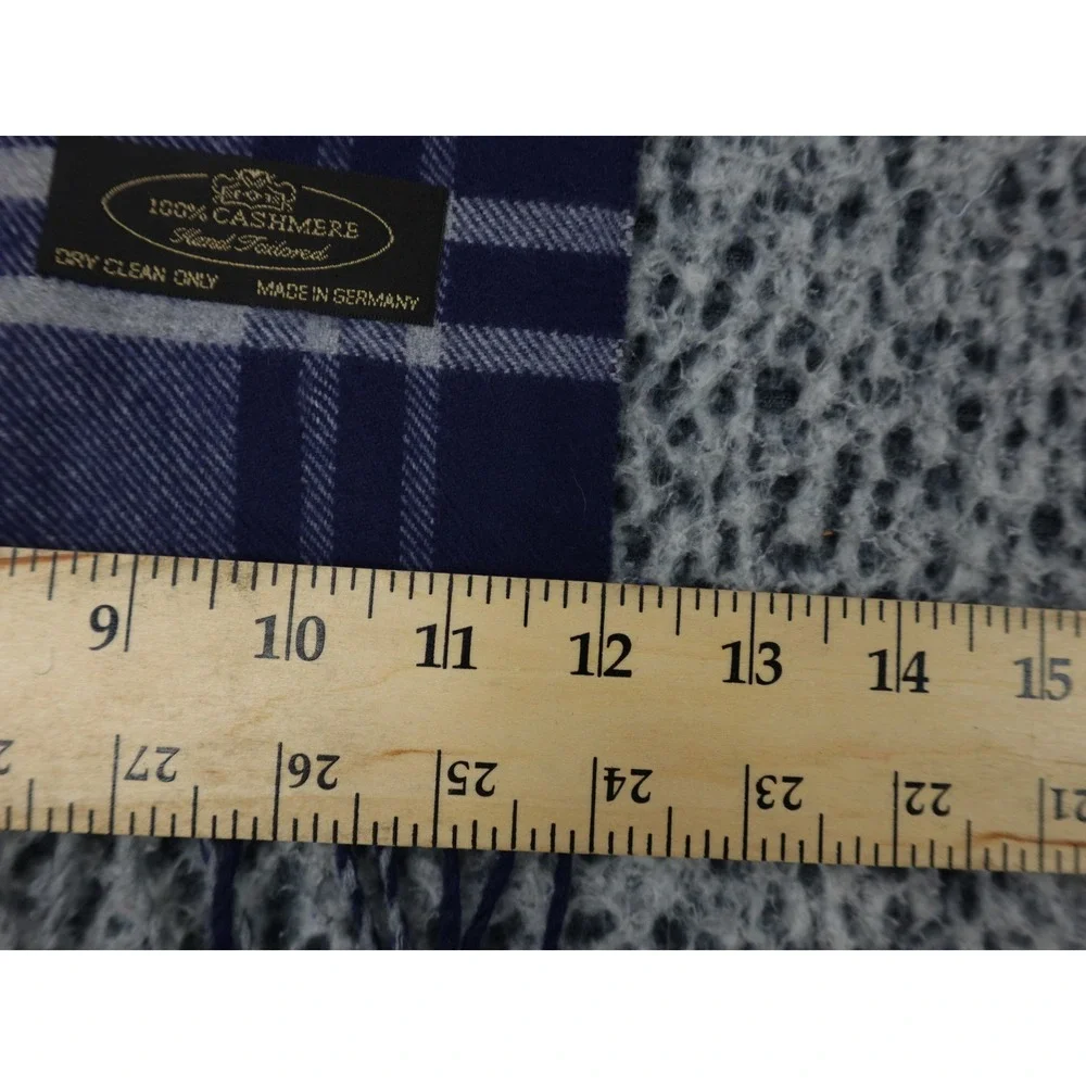 100% Cashmere Scarf Navy Blue Grey Plaid Made in‎ Germany Hand Tailored